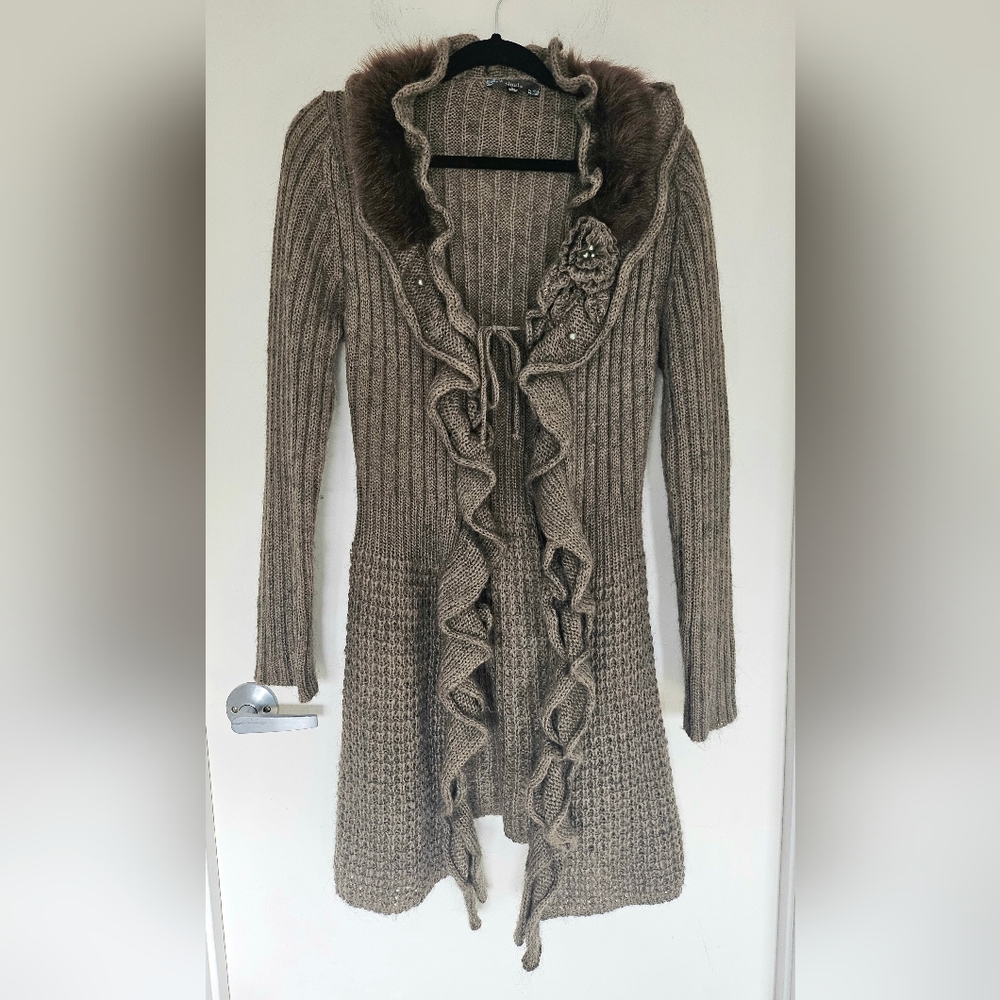 Sioni Taupe Brown Duster Textured Knit Cardigan With Fur Collar
